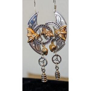 Steampunk Mechanical Clock Bee Gear Heart Two Toned Large Statement Earrings
